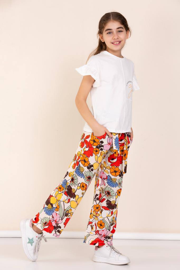 Ensemble 2 pièces pantalon en tissu fleurie et t-shirt pour fille de 5 à 10 ans - Karasmoode