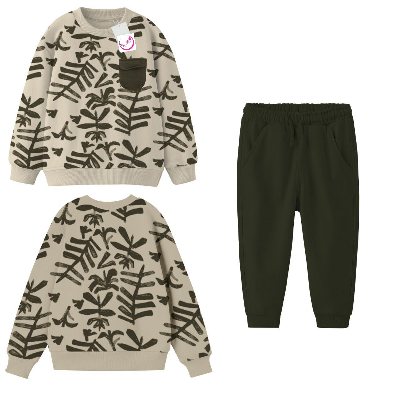 Ensemble 2 pièces pantalon jogging et chandail imprimé Feuilles pour garçon de 4 à 12 ans - Karasmoode