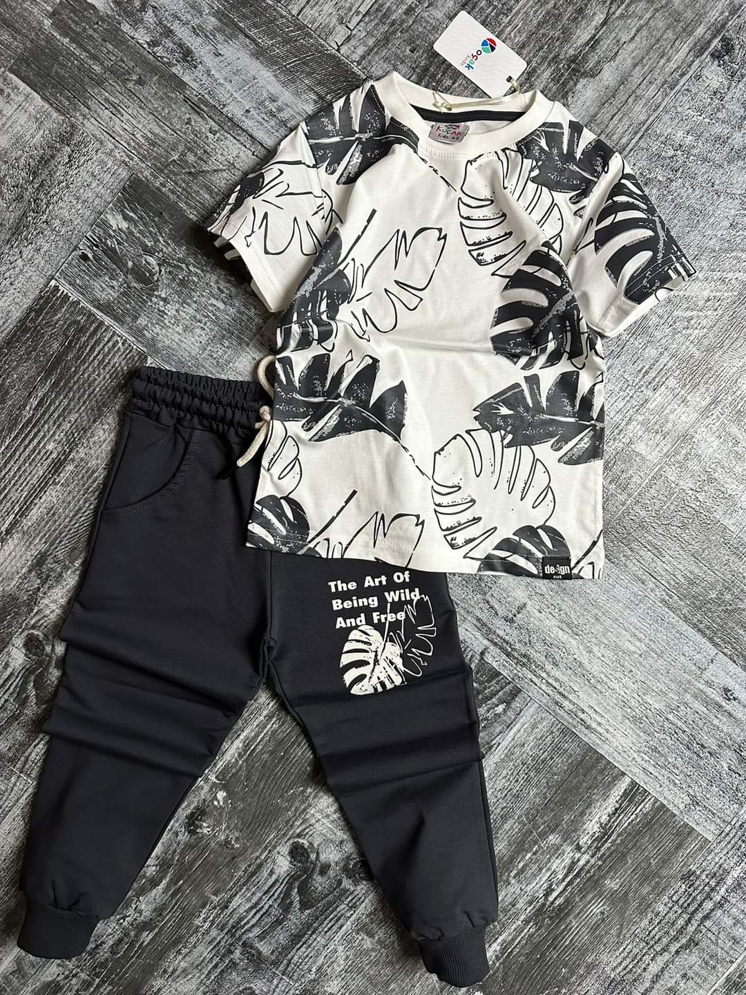 Ensemble 2 pièces pantalon jogging et t-shirt IMPRIMÉ FEUILLE pour enfant garçon de 3 à 10 ans - Karasmoode