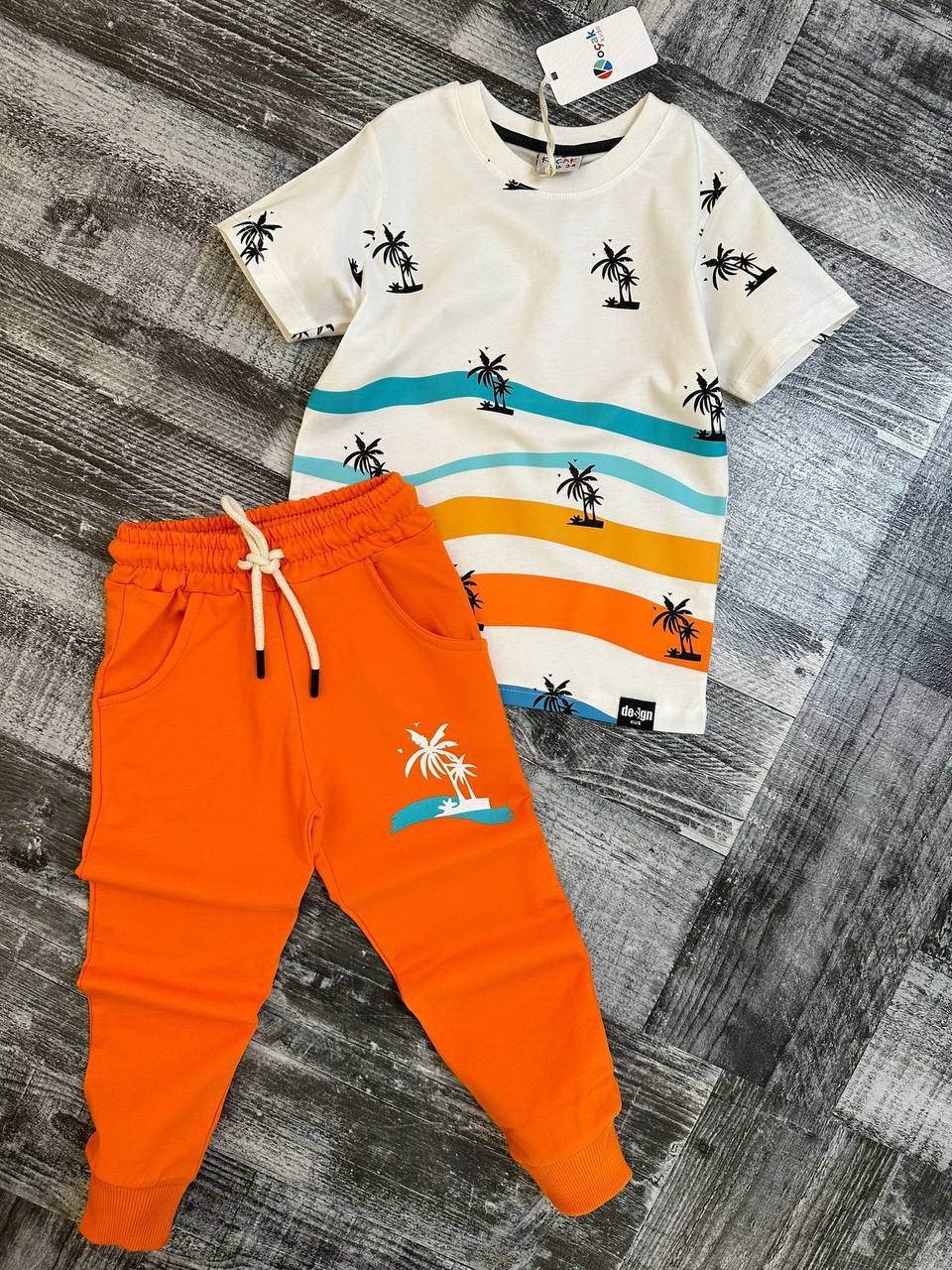 Ensemble 2 pièces pantalon jogging et t-shirt imprimé cocotier pour enfant de 3 à 10 ans. - Karasmoode