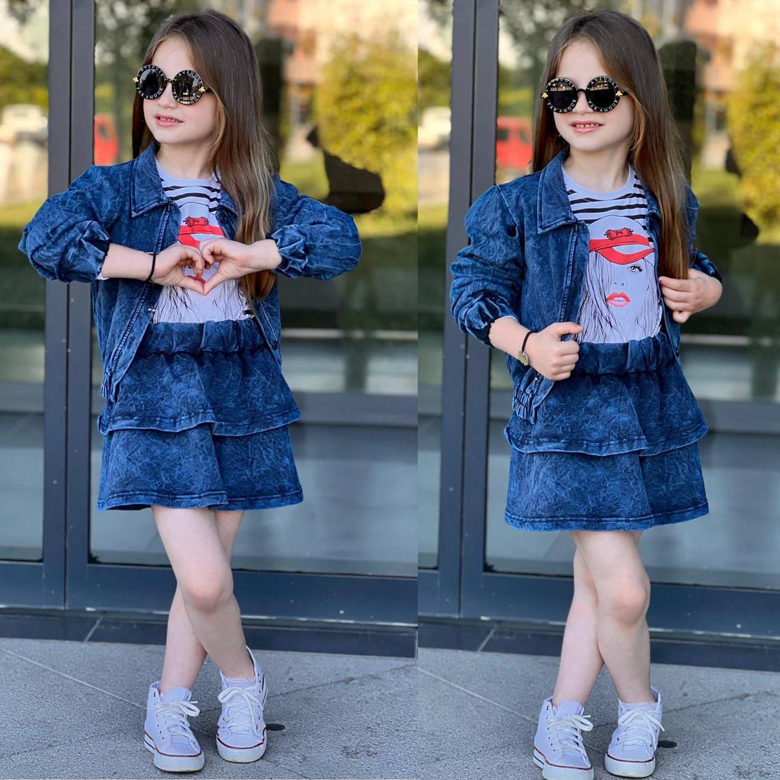 Ensemble 3 pièces jupe évasée , t-shirt et veste jupe en jeans denim pour fille de 3 à 10 ans - Karasmoode