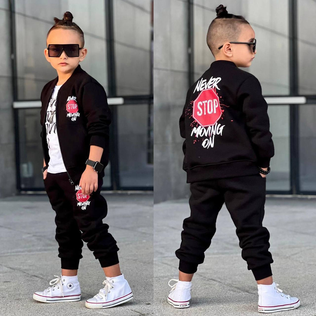 Ensemble 3 pièces pantalon jogging et veste imprimé STOP pour enfant garçon de 3 à 10 ans - Karasmoode