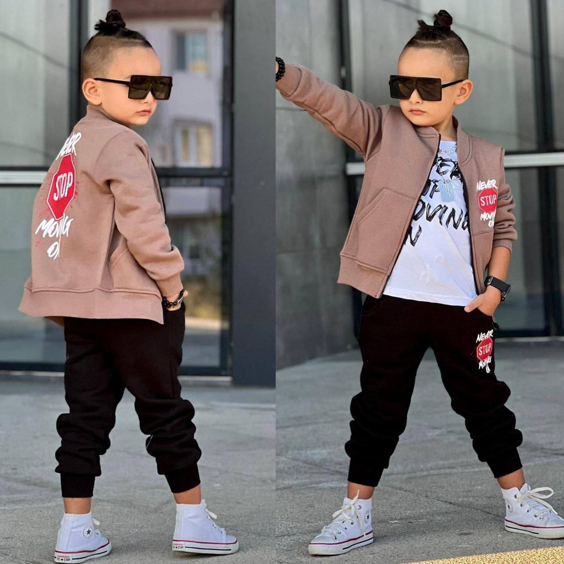 Ensemble 3 pièces pantalon jogging et veste imprimé STOP pour enfant garçon de 3 à 10 ans - Karasmoode