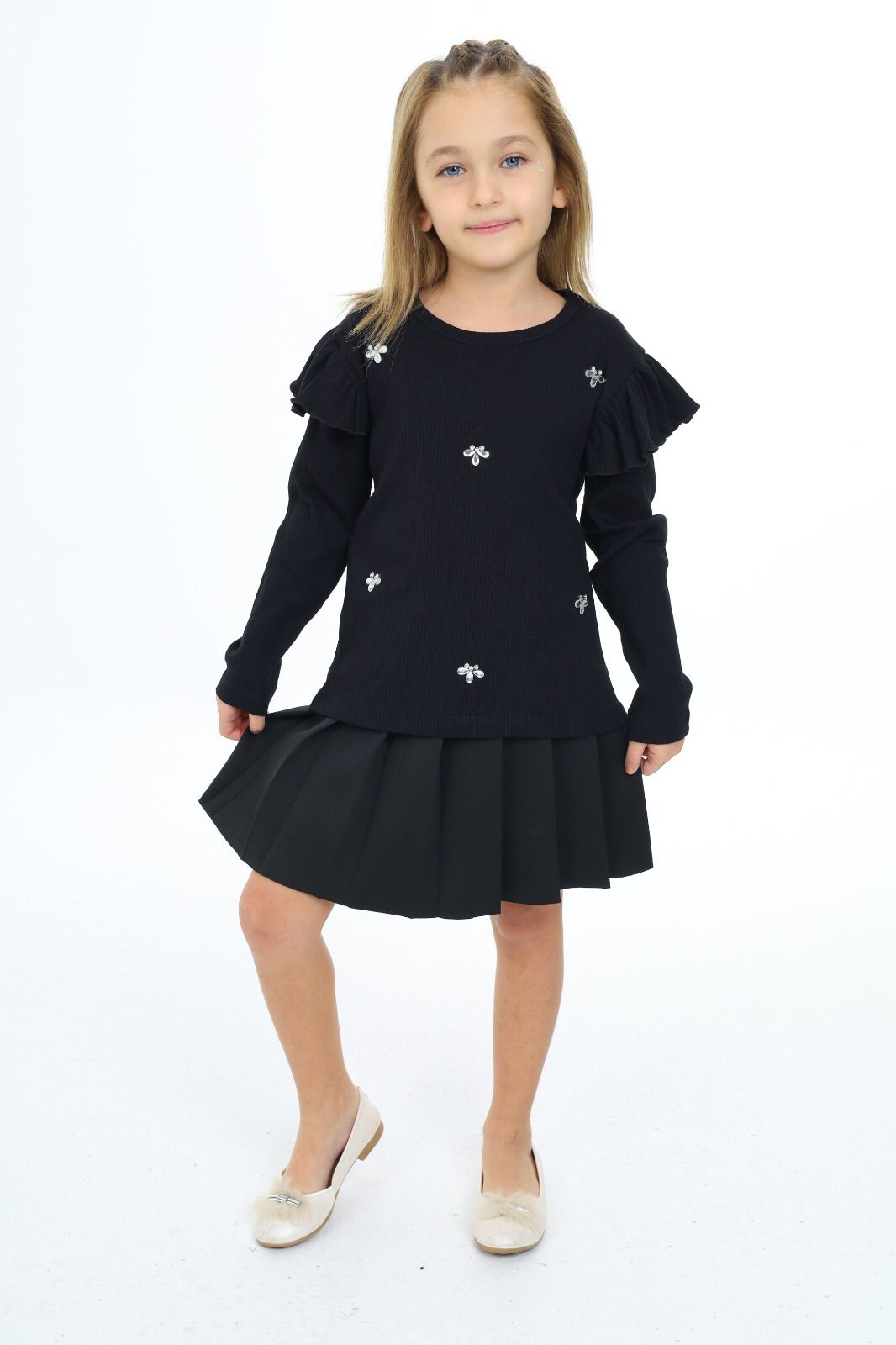 Ensemble jupe plissée et t-shirt à manches longues pour fille pour fille de 3 à 10 ans - Karasmoode