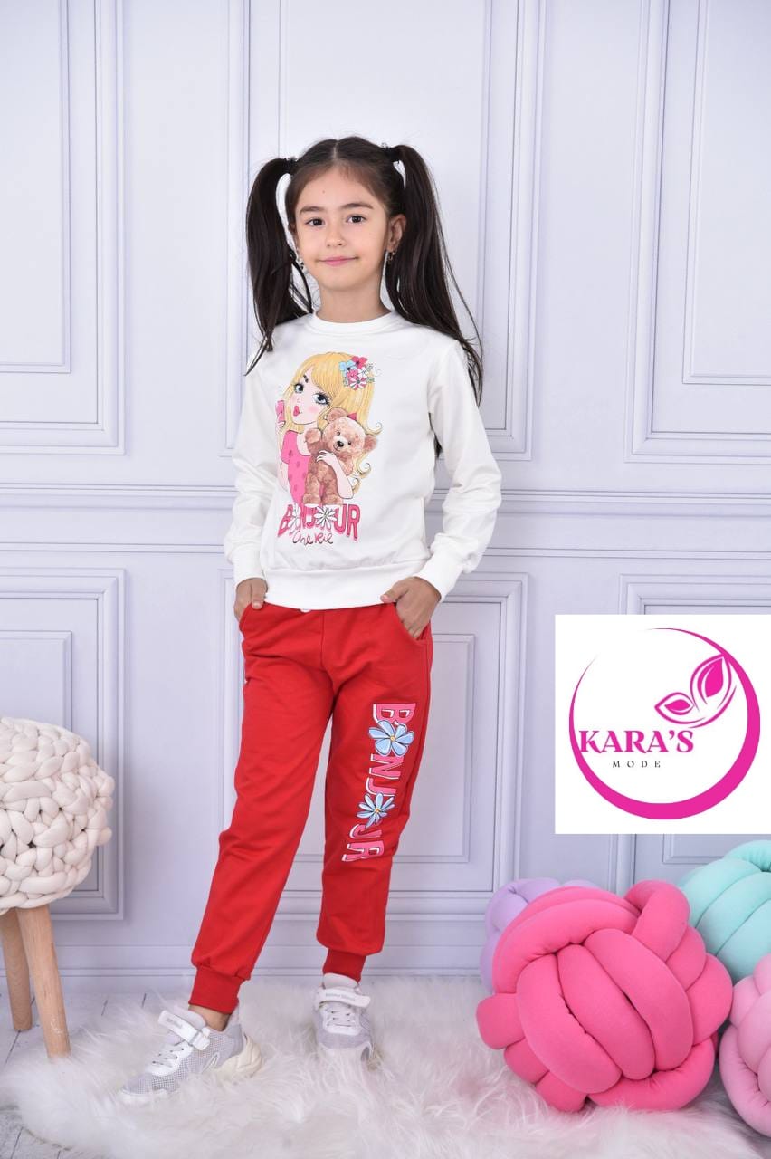 Ensemble pantalon jogging et chandail imprimé Bonjour red de 3 à 10 ans - Karasmoode