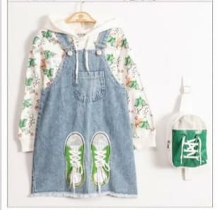 Ensemble robe salopette en jeans imprimé VANS 3 pièces pour fille de 2 à 9 ans - Karasmoode