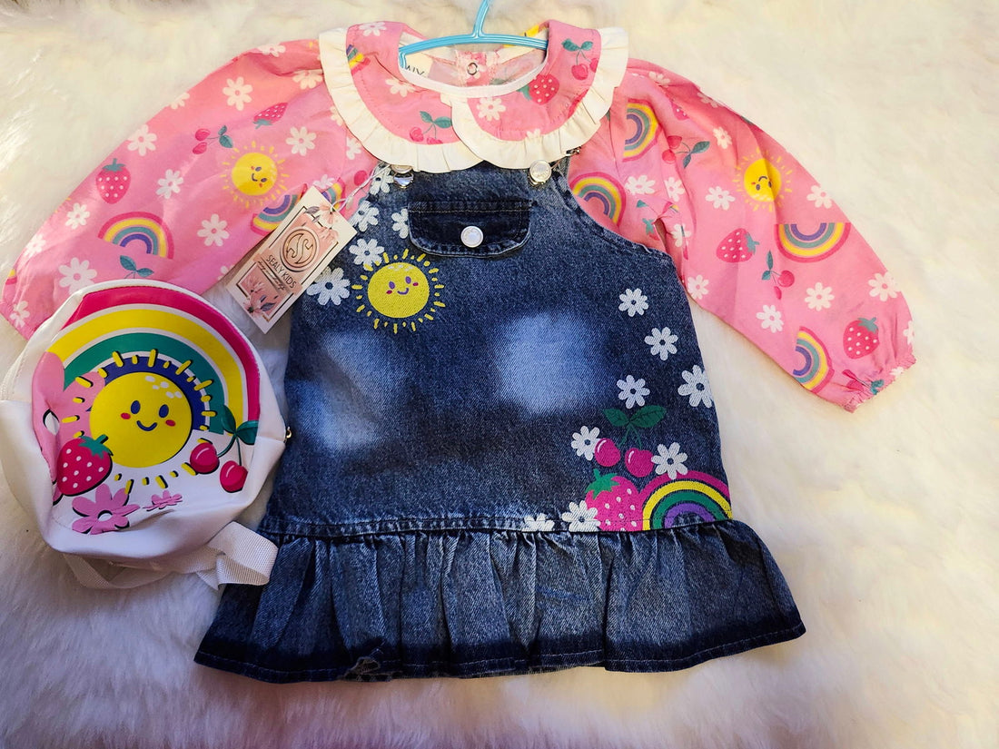 Ensemble robe salopette en jeans imprimé soleil 3 pieces de 2 à 5 ans - Karasmoode