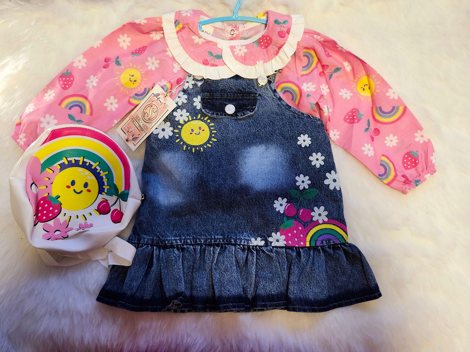 Ensemble robe salopette en jeans imprimé soleil 3 pieces de 2 à 5 ans - Karasmoode