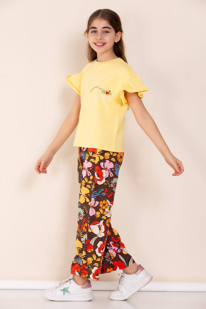 Ensemble 2 pièces pantalon en tissu fleurie et t-shirt pour fille de 5 à 10 ans - Karasmoode