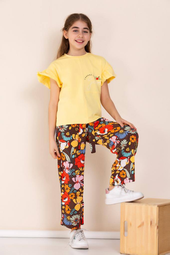 Ensemble 2 pièces pantalon en tissu fleurie et t-shirt pour fille de 5 à 10 ans - Karasmoode