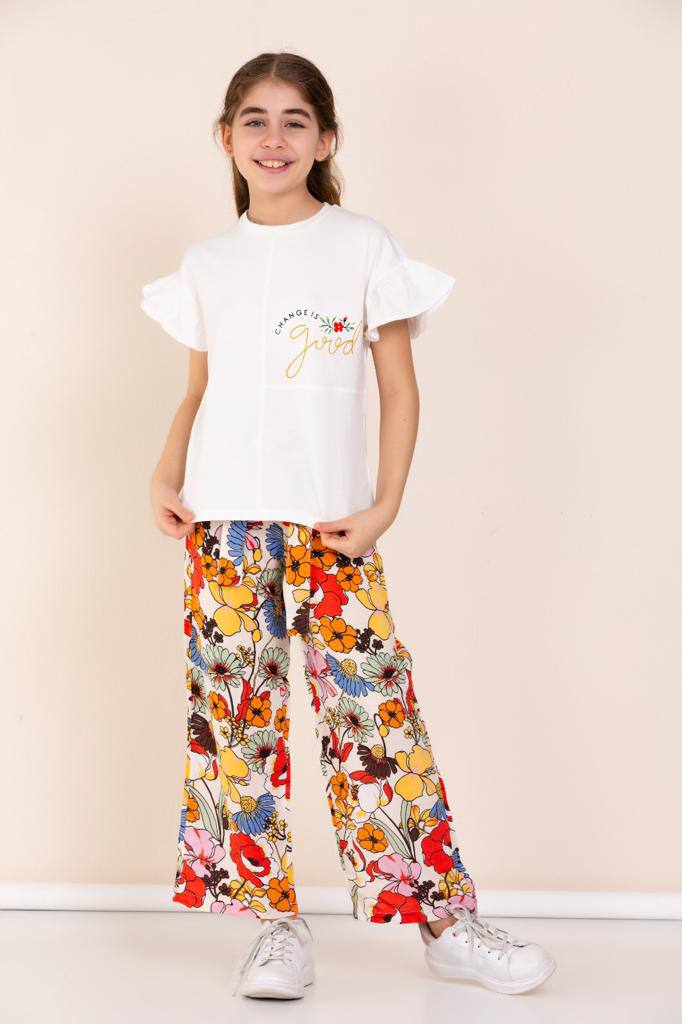 Ensemble 2 pièces pantalon en tissu fleurie et t-shirt pour fille de 5 à 10 ans - Karasmoode