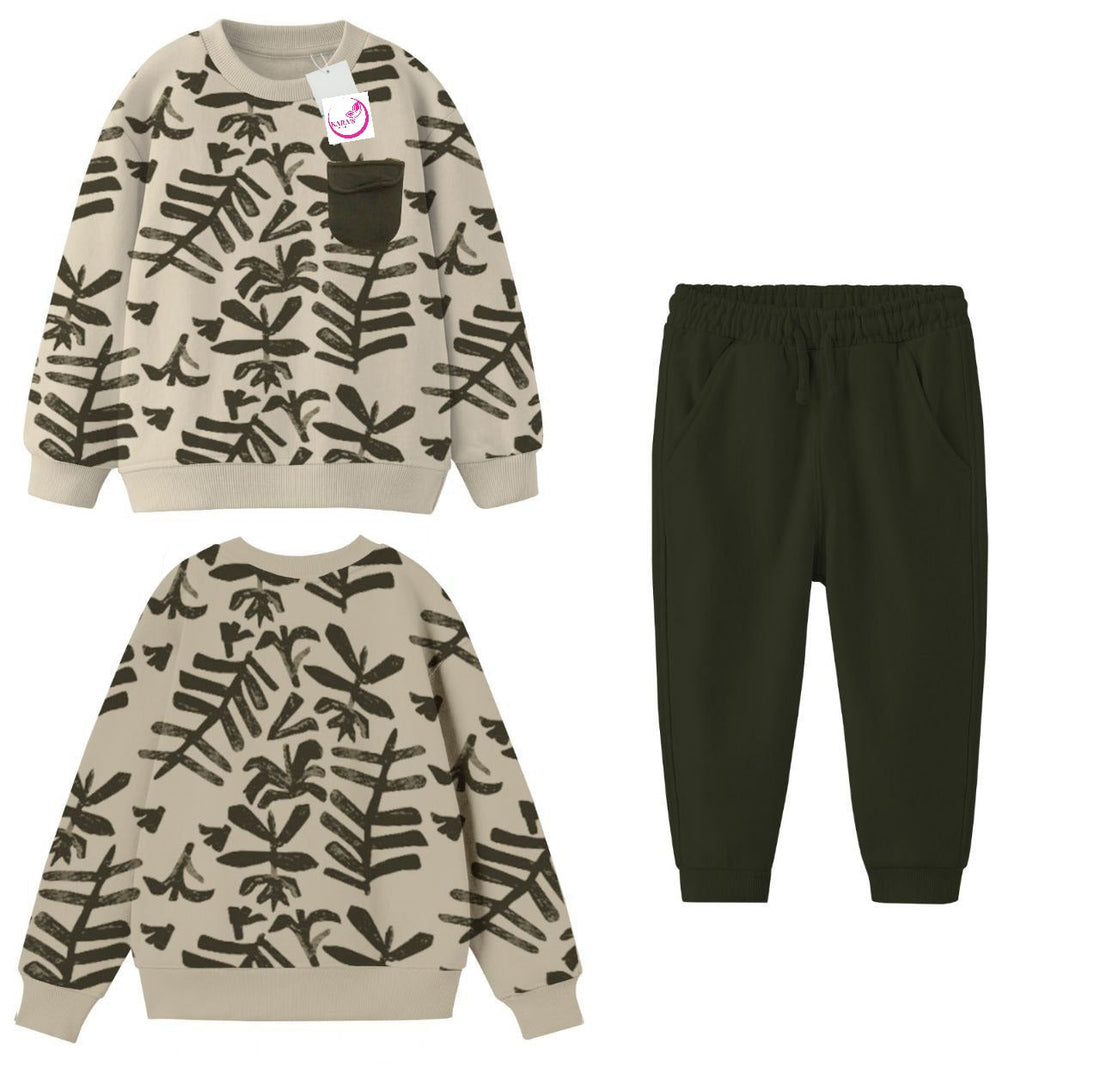 Ensemble 2 pièces pantalon jogging et chandail imprimé Feuilles pour garçon de 4 à 12 ans - Karasmoode