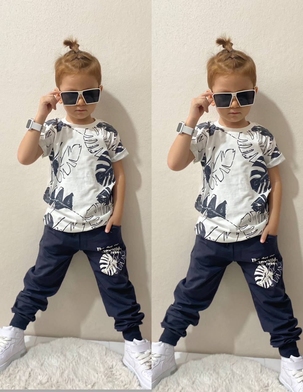 Ensemble 2 pièces pantalon jogging et t-shirt IMPRIMÉ FEUILLE pour enfant garçon de 3 à 10 ans - Karasmoode