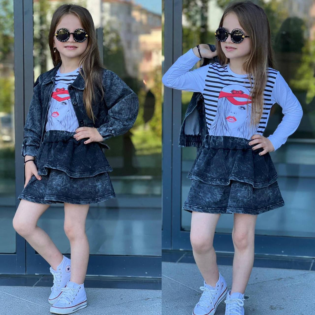 Ensemble 3 pièces jupe évasée , t-shirt et veste jupe en jeans denim pour fille de 3 à 10 ans - Karasmoode