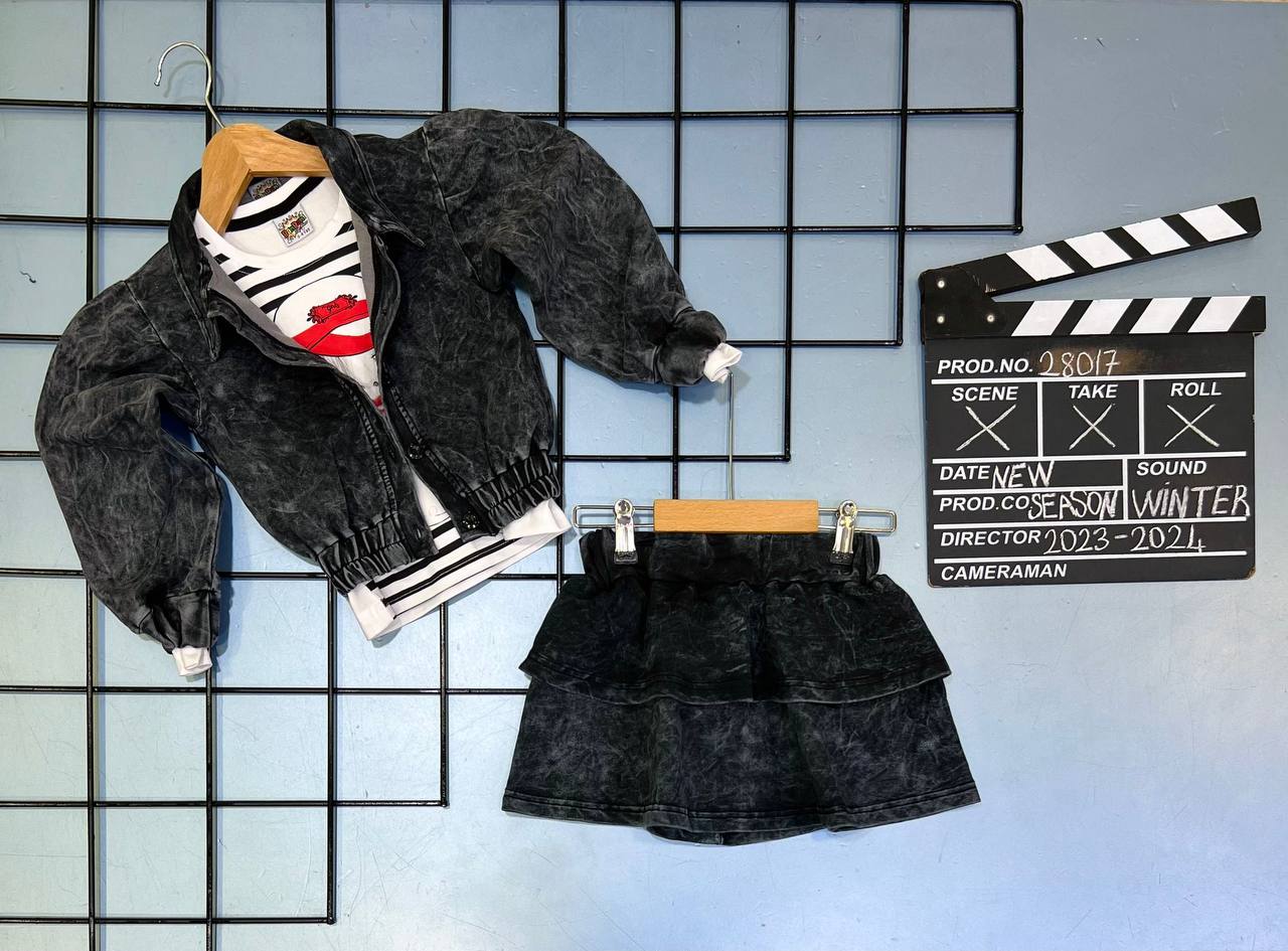 Ensemble 3 pièces jupe évasée , t-shirt et veste jupe en jeans denim pour fille de 3 à 10 ans - Karasmoode