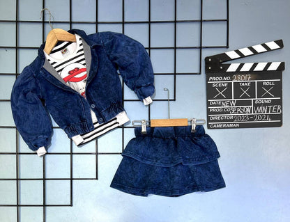 Ensemble 3 pièces jupe évasée , t-shirt et veste jupe en jeans denim pour fille de 3 à 10 ans - Karasmoode