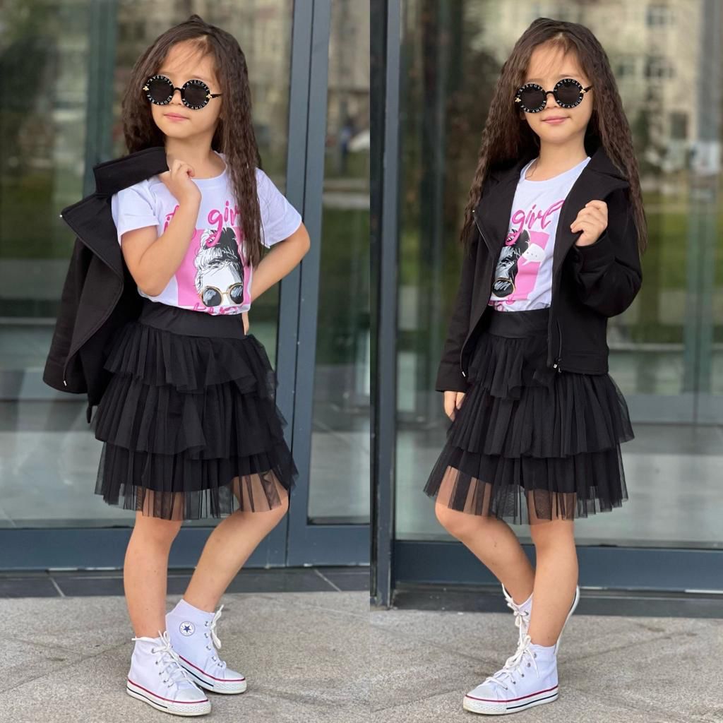 Ensemble 3 pièces  jupe tutu , t-shirt et une veste pour fille de 4 à 12 ans - Karasmoode