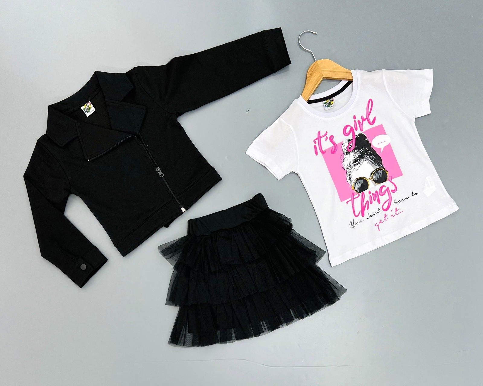 Ensemble 3 pièces  jupe tutu , t-shirt et une veste pour fille de 4 à 12 ans - Karasmoode