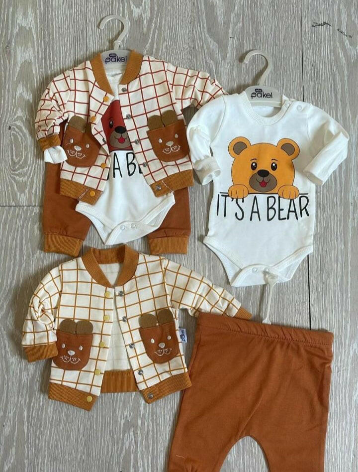 Ensemble 3 pièces pantalon jogging et veste imprimé OURS pour bébé garçon - Karasmoode