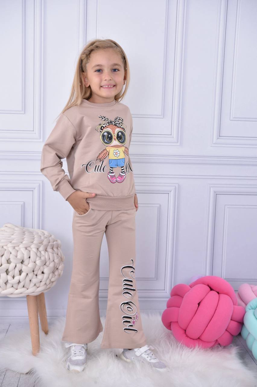 Ensemble pantalon bas évasé et chandail imprimé hibou pour fille de 3 à 10 ans - Karasmoode