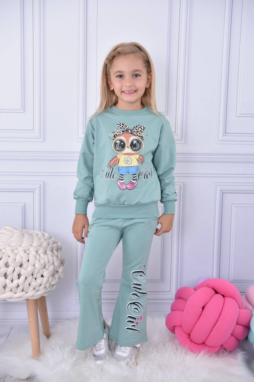 Ensemble pantalon bas évasé et chandail imprimé hibou  pour fille de 3 à 10 ans - Karasmoode