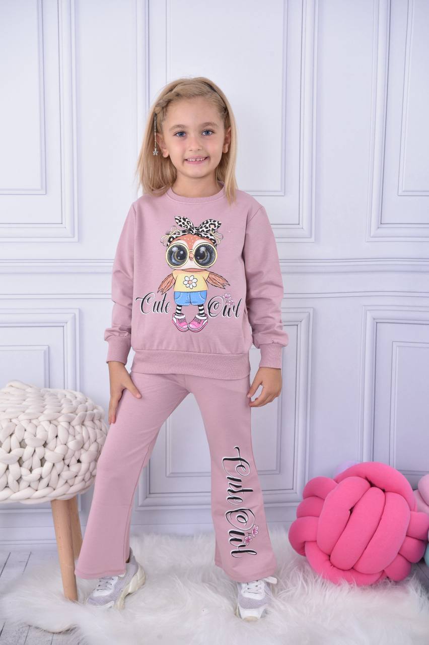 Ensemble pantalon bas évasé et chandail imprimé hibou  pour fille de 3 à 10 ans - Karasmoode