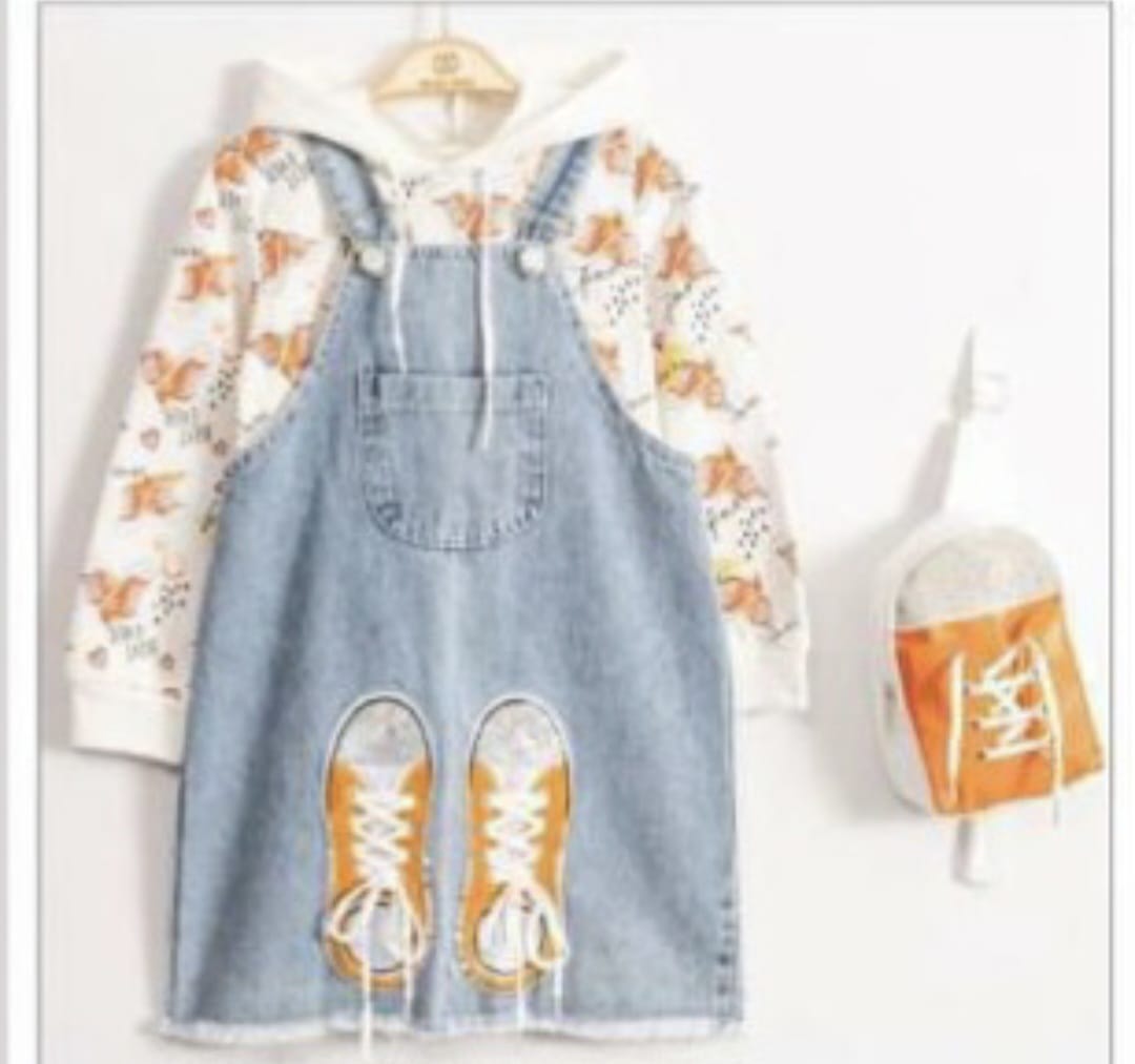 Ensemble robe salopette en jeans imprimé VANS 3 pièces pour fille de 2 à 9 ans - Karasmoode