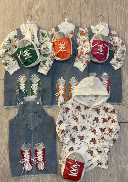 Ensemble robe salopette en jeans imprimé VANS 3 pièces pour fille de 2 à 9 ans - Karasmoode