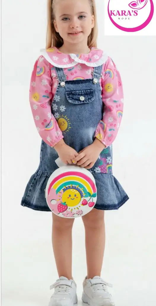 Ensemble robe salopette en jeans imprimé soleil 3 pieces de 2 à 5 ans - Karasmoode